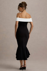 Corola | Black & White Bardot Volume-Hem Midi Dress