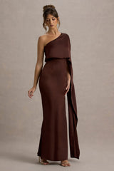 Amora | Brown Satin Asymmetric Cape-Sleeve Split Maxi Dress