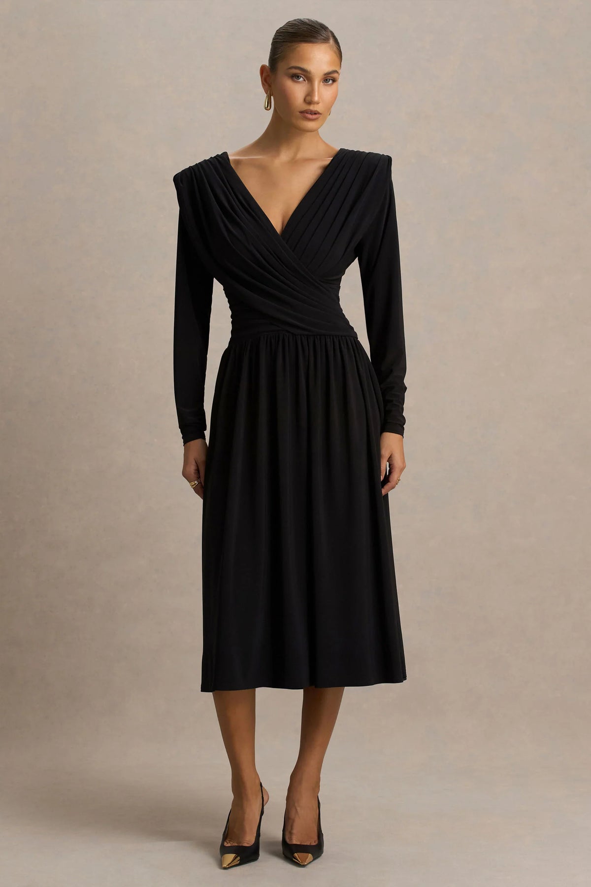 Alexis | Black Plunge-Neck Midi Dress With Draped And Ruched Detailing
