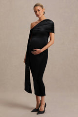 Zena | Black Velvet Asymmetric-Neck Maternity Midi Dress With Knot And Sash Detail