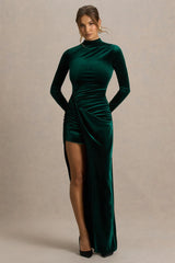 Wishes | Bottle Green Velvet High-Neck Maxi Dress With Wrap Skirt
