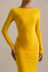 Diva | Yellow Slashed-Neck Maxi Dress With Ruched Detailing