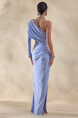 Malika | Powder Blue Asymmetric-Neck Maxi Dress With Body-Cut Out And Gathered Detailing