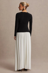Monroe | Black And White Crew-Neck Maternity Maxi Dress With Drop-Waist
