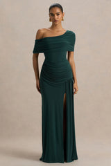 Dynasty | Dark Green Asymmetric-Neck Maxi Dress With Ruched Detailing And Front High-Split