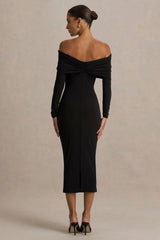 Spark | Black Bardot-Neck Midi Dress With Bow Detail