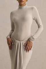 Myra | Champagne High-Neck Maxi Dress With Sash and Ruched Detailing