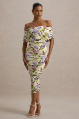 Rayleigh | Tulip Floral Print  Bardot Ruched Midi Dress