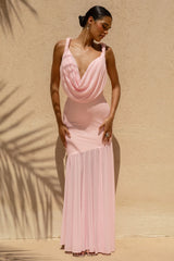 Meggie | Pink Plunge-Neck Twisted Maxi Dress With Chiffon Skirt