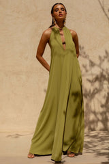 Zyon | Green High-Neck Maxi Dress with Cut-Out Details