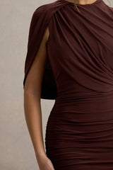 Stephanie | Brown Mini Dress With One-Sleeve Cape