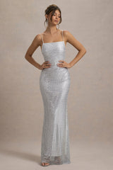 Quartz | Silver Embellished Square-Neck Open-Back Maxi Dress