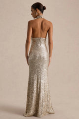 Tulia | Champagne Sequin High-Neck Maxi Dress
