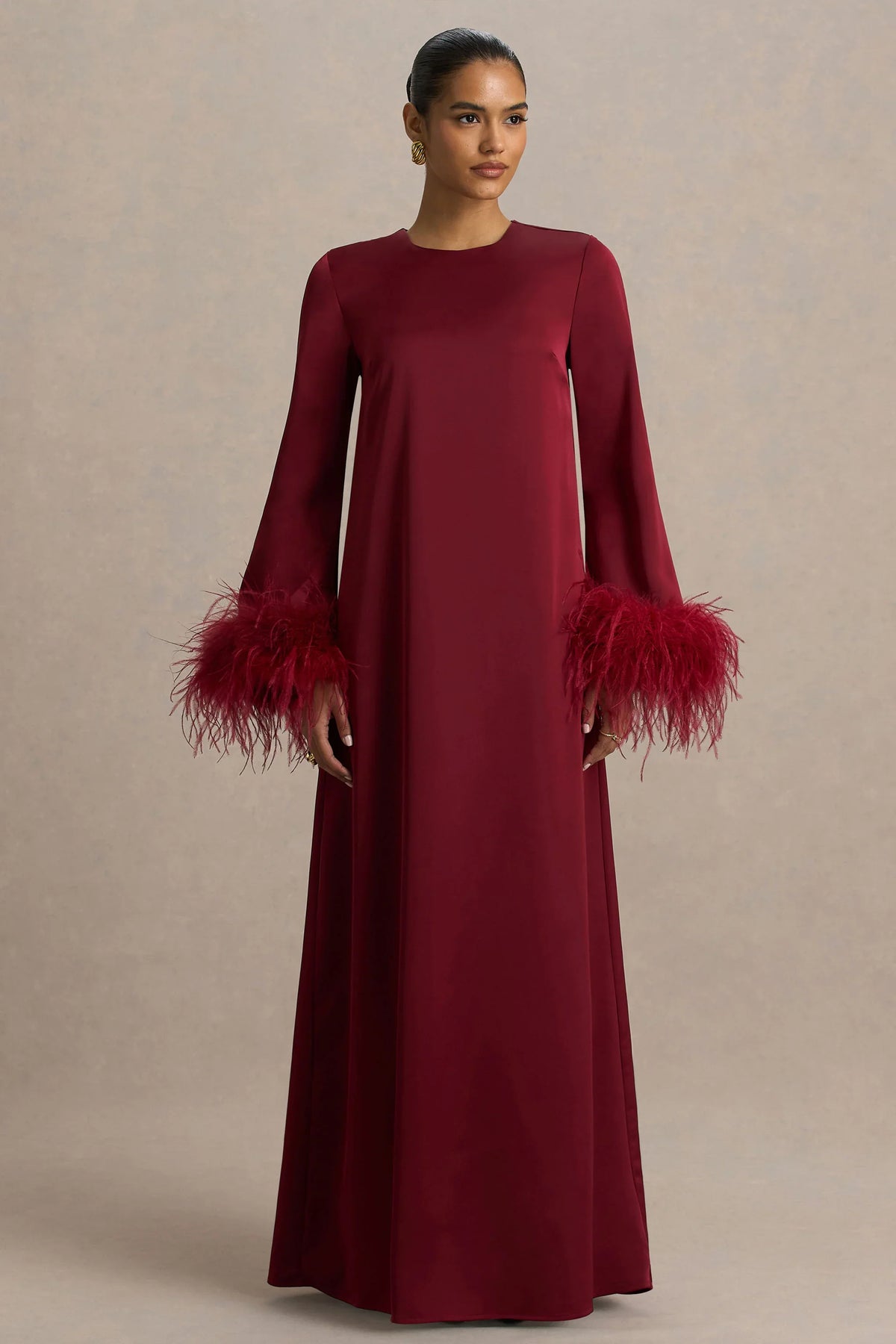 Adella | Burgundy Satin Feather-Trim Maxi Dress
