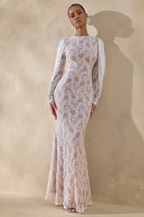 Nabina | White Lace Crew-Neck Maxi Dress With Draped Back-Detail