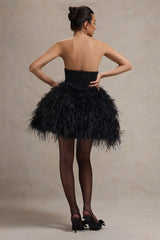 Peaches | Black Strapless Mini Dress With Volume Feather Hem