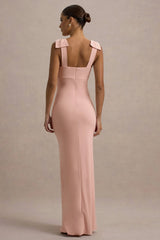 Evanna | Pink V-Neck Maxi Dress With Bow Straps