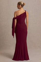Orielle | Burgundy Asymmetric-Neck Maternity Maxi Dress With Knot-Sleeve And Sash