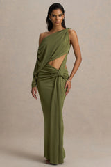 Layla | Olive Asymmetric-Neck Wrap Maxi Dress With Body Cut-Out And Ruched Detailing