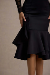 Sander | Black Mesh Long-Sleeve Ruffle-Hem Midi Dress