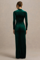 Wishes | Bottle Green Velvet High-Neck Maxi Dress With Wrap Skirt
