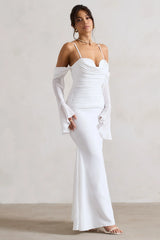 Rhiannon | Cream Draped Flared-Sleeve Fishtail Maxi Dress