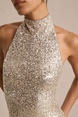 Tulia | Champagne Sequin High-Neck Maxi Dress