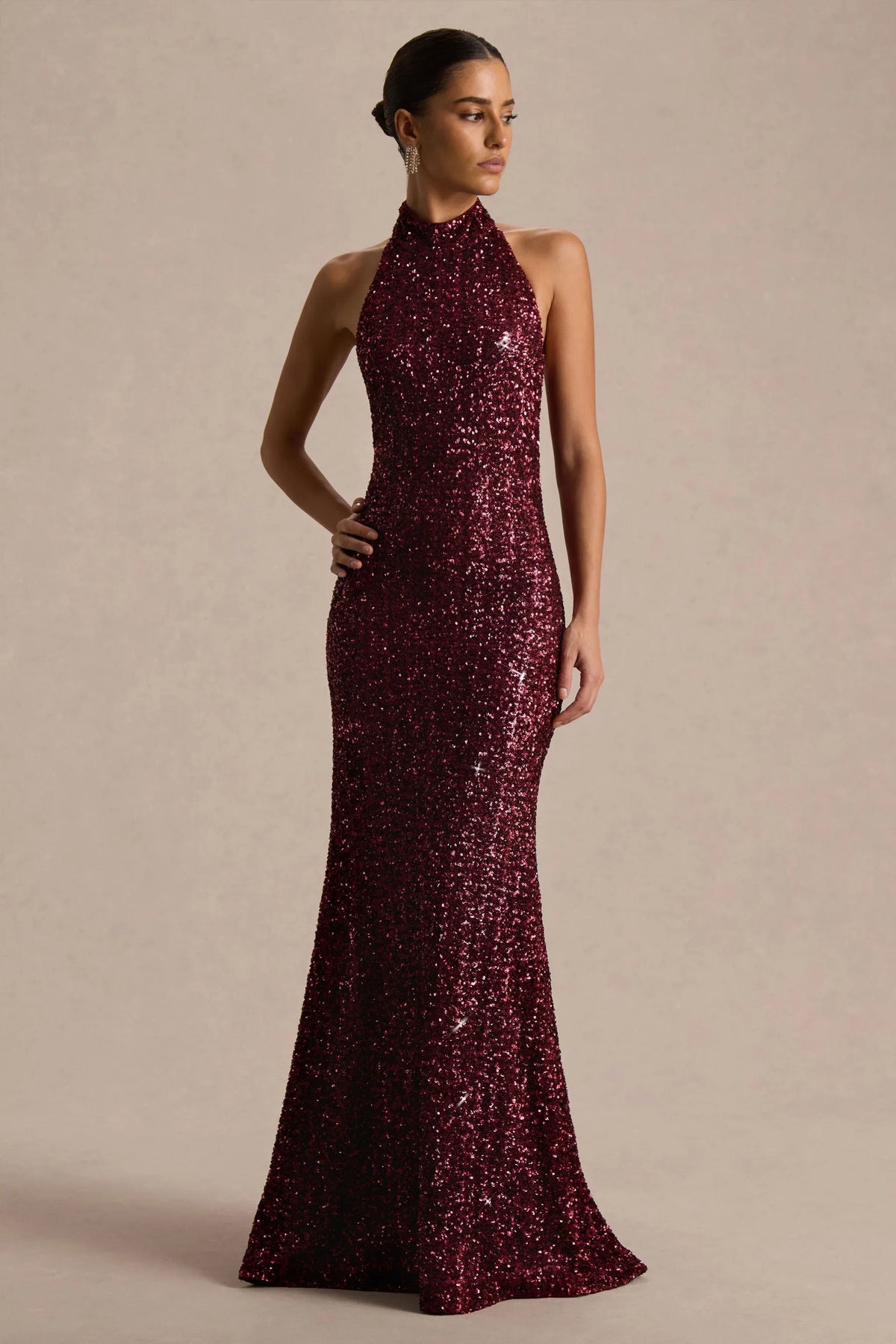 Tulia | Burgundy Sequin High-Neck Maxi Dress