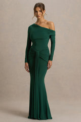 Clover | Dark Green Asymmetric-Neck Wrapped Maxi Dress With Sash