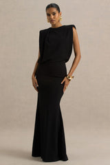 Meave | Black Boat-Neck Maxi Dress With Draped Detail