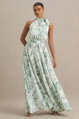 Talia | Green Floral Print High-Neck Maxi Dress With Front High Split