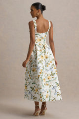 Rosemary | Floral Print Sweetheart Midi Dress With Drop Waist