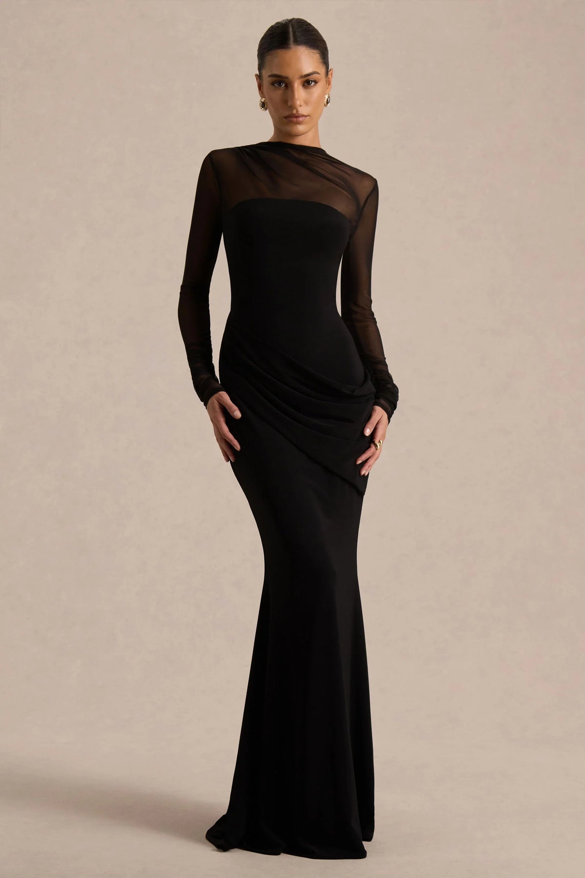 Deema | Black Jersey And Mesh High Neck Maxi Dress