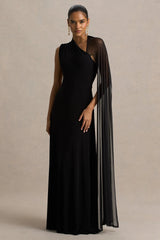 Selena | Black High-Neck Maxi Dress With Cut-Out And Cape Sleeve Detail