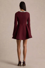 Eletta | Burgundy Embellished Crew-Neck Mini Dress