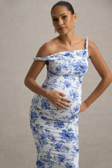 Lita | Blue Floral Print Twisted Asymmetric Maternity Maxi Dress
