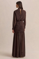 Zella | Brown High-Neck Maxi Dress With Sheer-Skirt