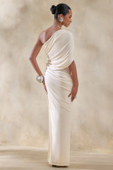 Iberia | Cream Asymmetric-Neck Maxi Dress With Draped Detail