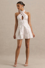 Sharie | Cream Floral Print Jacquard Halter-Neck Playsuit With Cut-Out Detail