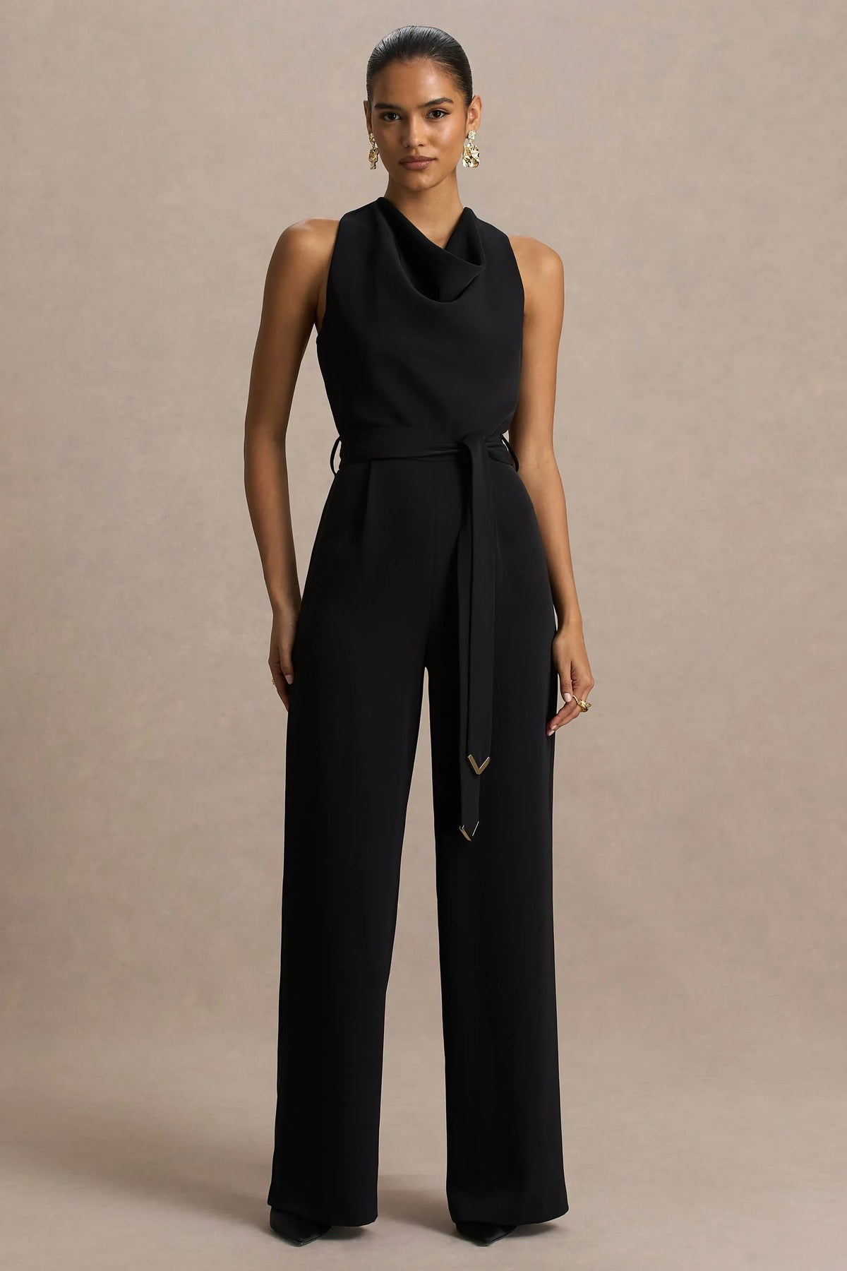 Corina | Black Cowl-Neck Jumpsuit With Tie-Detail