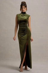 Abilene | Olive Velvet High-Neck Split Maxi Dress