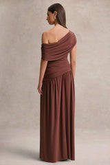 Emberly | Brown Draped Asymmetric-Neck Maxi Dress With Drop-Waist