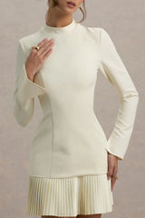 Athena | Cream Long-Sleeve Mini Dress With Pleated Hem