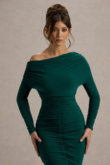 Sinclair | Bottle Green Ruched One-Shoulder Bodycon Midi Dress