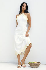 Golden Petals Midi Dress White