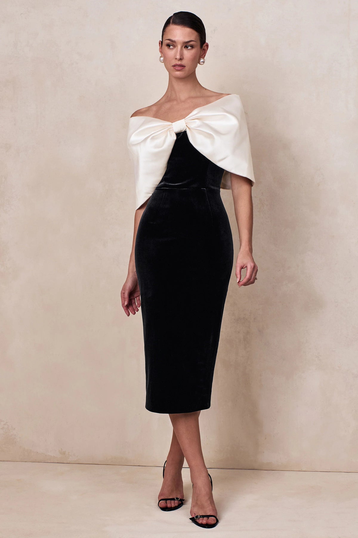 Twilight | Black And White Velvet Bardot-Neck Midi Dress With Oversized Satin Bow