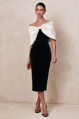 Twilight | Black And White Velvet Bardot-Neck Midi Dress With Oversized Satin Bow
