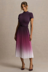 Libby | Burgundy Ombre Woven High-Neck Midi Dress With Pleated Detailing