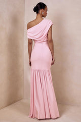 Kady | Pink Asymmetric-Neck Maxi Dress With Ruched Detailing