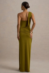 Erminia | Olive Green One-Shoulder Twist Wrap Maxi Dress